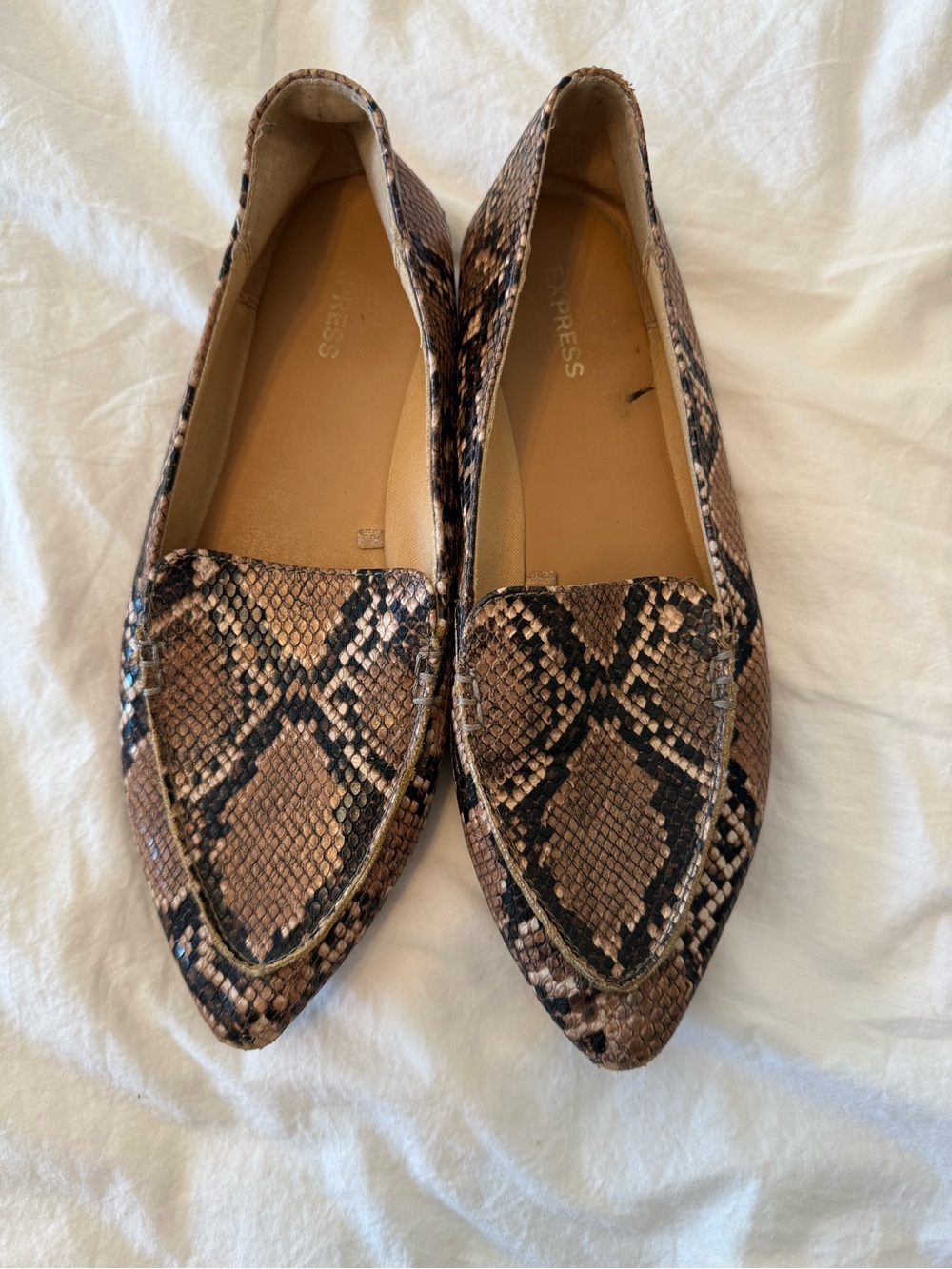 Express Brown Snake-Print Pointed Loafers